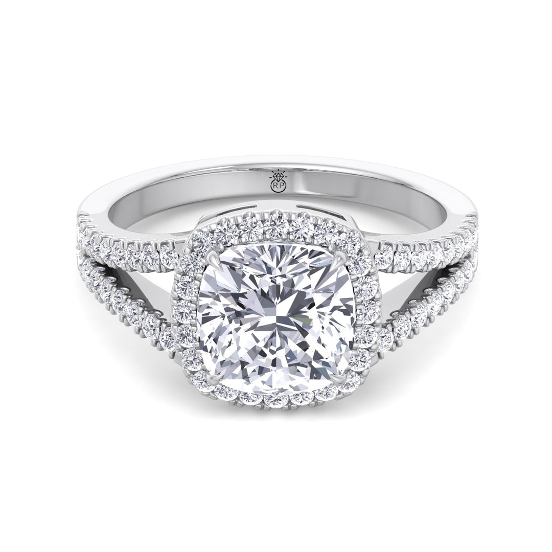 Cushion Cut Halo Engagement Ring with Split Pave Band