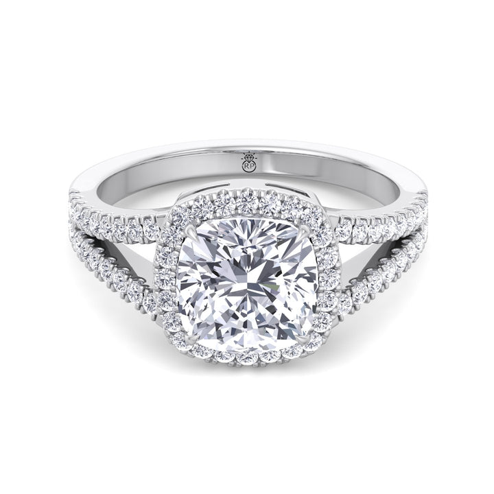 Cushion Cut Halo Engagement Ring with Split Pave Band