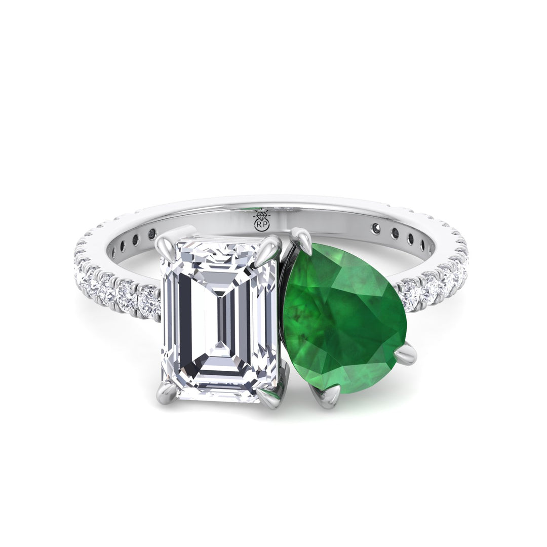 Toi Et Moi Emerald &amp; Green Pear Shape Engagement Ring With Pave Band