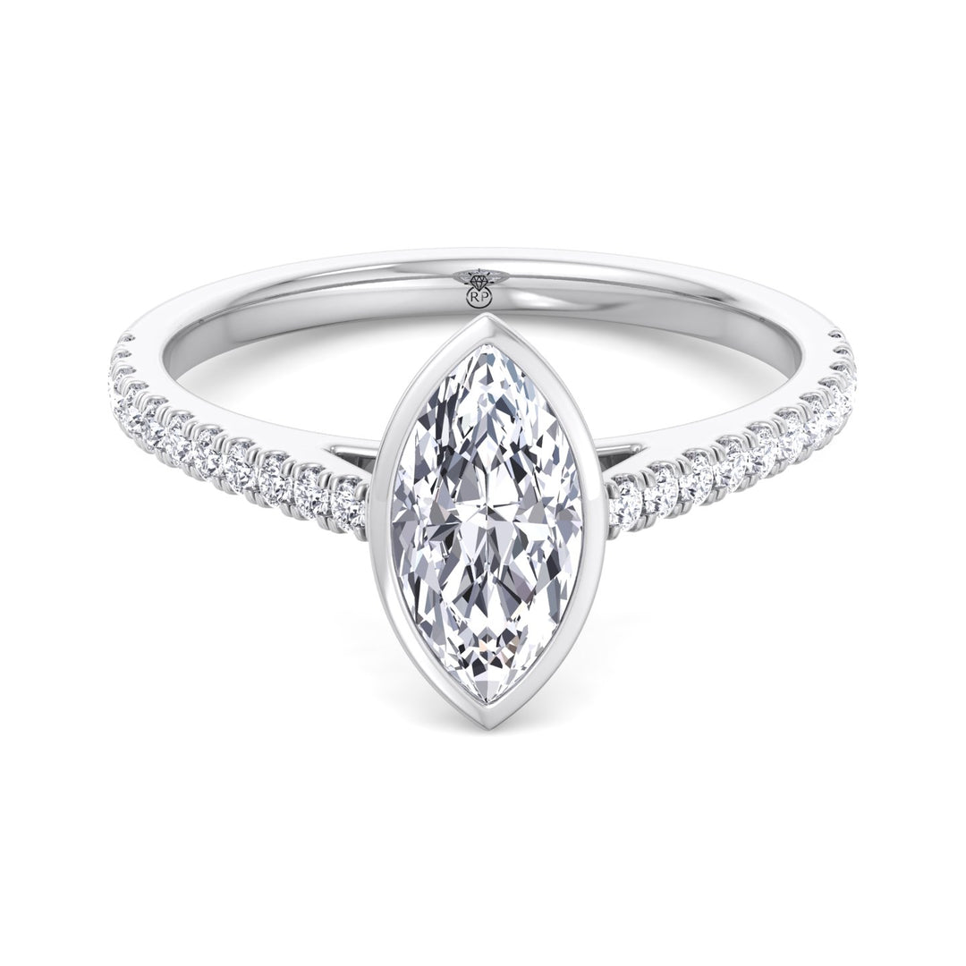 Bezel Set Marquise Shape Engagement Ring With Cathedral Style Pave Band