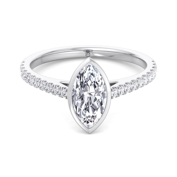 Bezel Set Marquise Shape Engagement Ring With Cathedral Style Pave Band