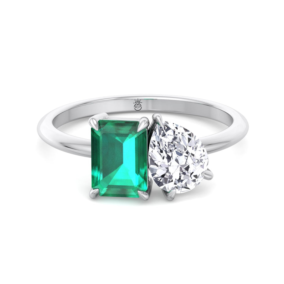 Toi et Moi Green Emerald &amp; Pear Shape Engagement Ring