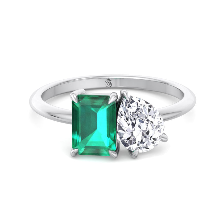 Toi et Moi Green Emerald &amp; Pear Shape Engagement Ring