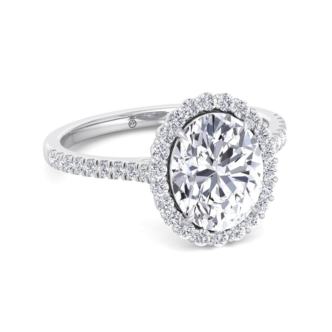 Oval Shape Scalloped Halo Engagement Ring With Pave Band