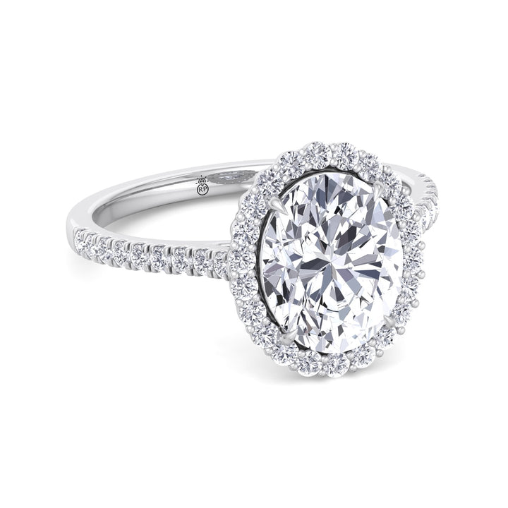Oval Shape Scalloped Halo Engagement Ring With Pave Band