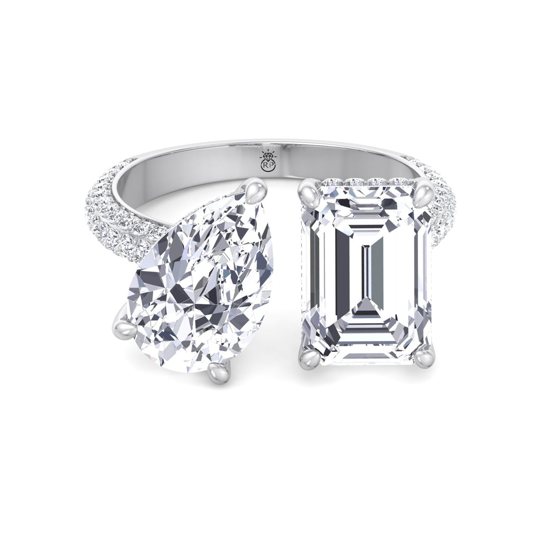 Toi Et Moi Pear &amp; Emerald Shape Hidden Halo Engagement Ring with Side Stones