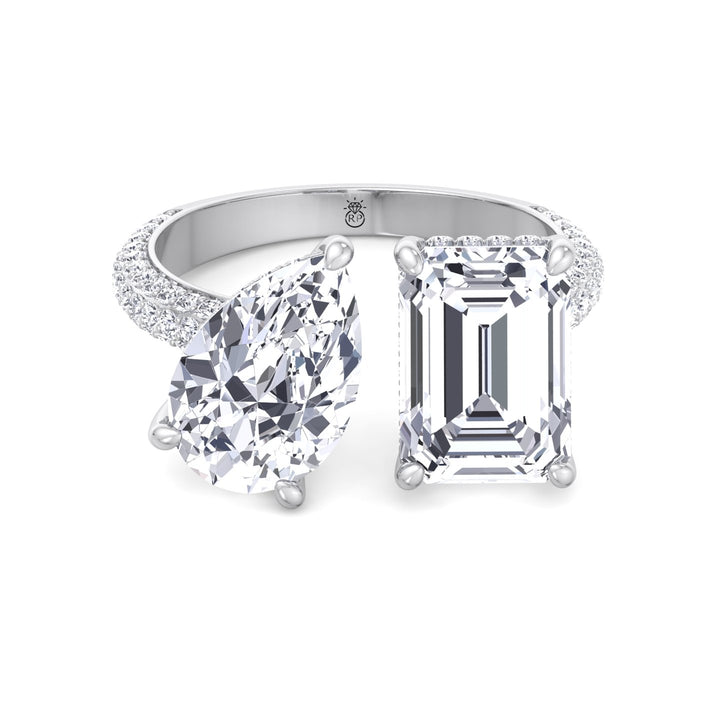 Toi Et Moi Pear &amp; Emerald Shape Hidden Halo Engagement Ring with Side Stones