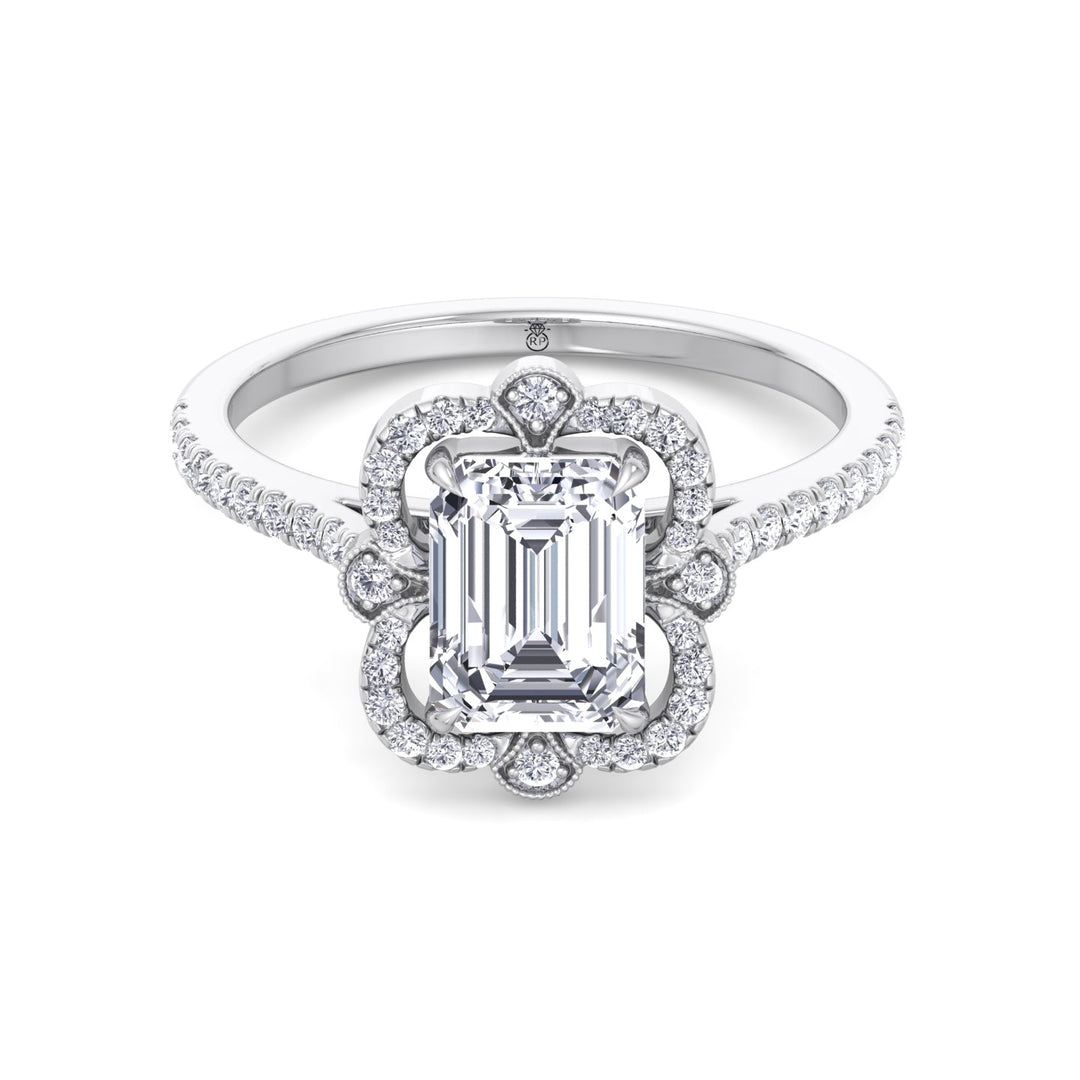 Vintage Style Emerald Cut Engagement Ring with Round Cut Sidestones