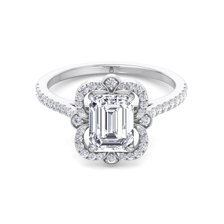 Vintage Style Emerald Cut Engagement Ring with Round Cut Sidestones