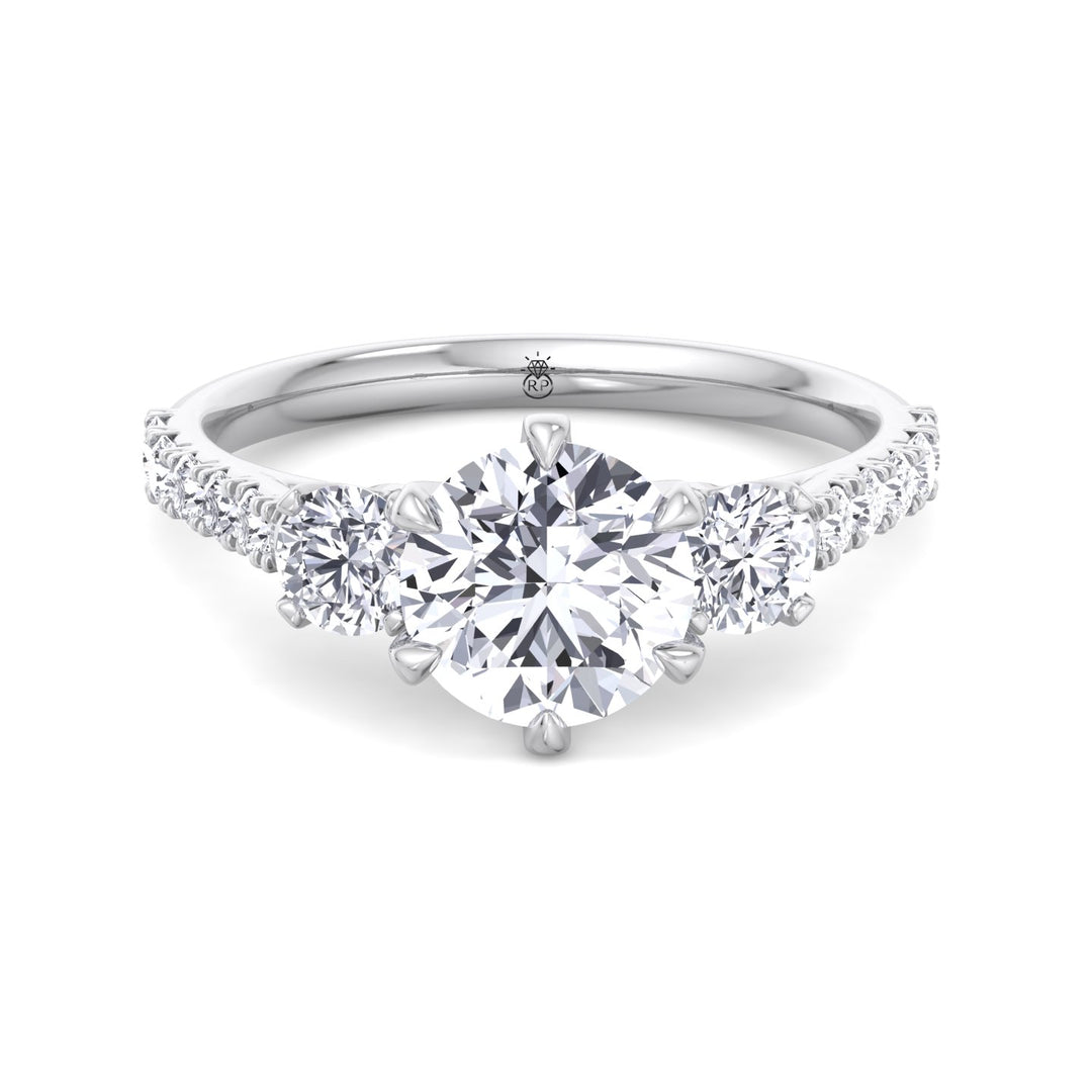Three Stone Round Cut Fancy Crown Style Engagement Ring