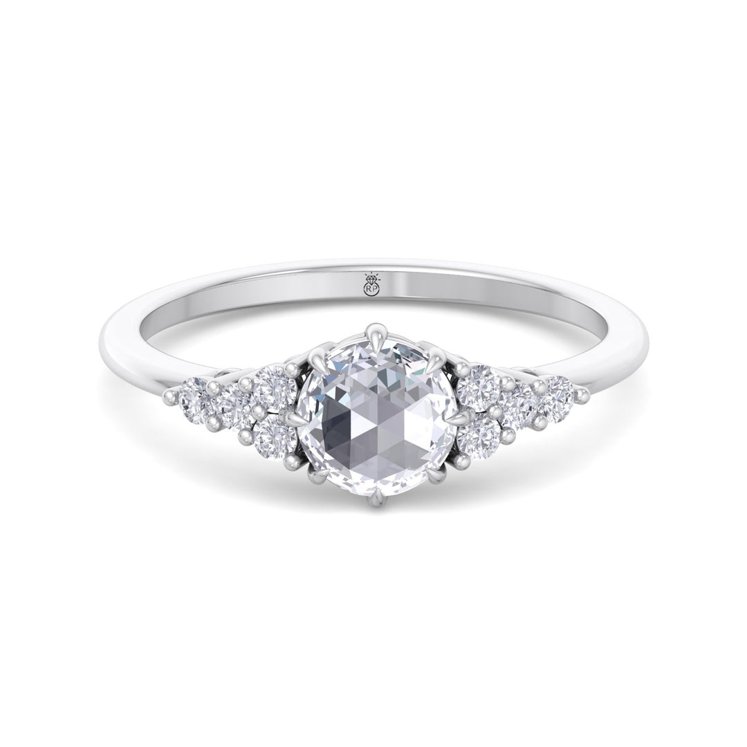 Rose Cut Round Shape Engagement Ring with Round Sidestones