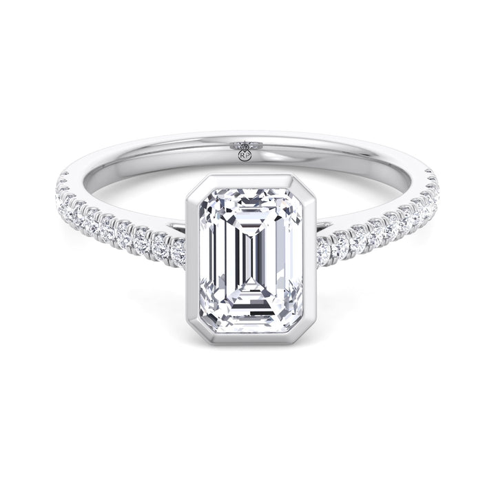 Emerald Shape Bezel Set Engagement Ring with Cathedral Style Pave Band