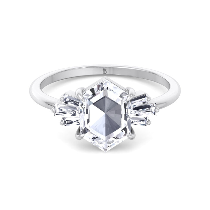 Rose Cut Hexagon Shape Engagement Ring With Tapered Baguettes