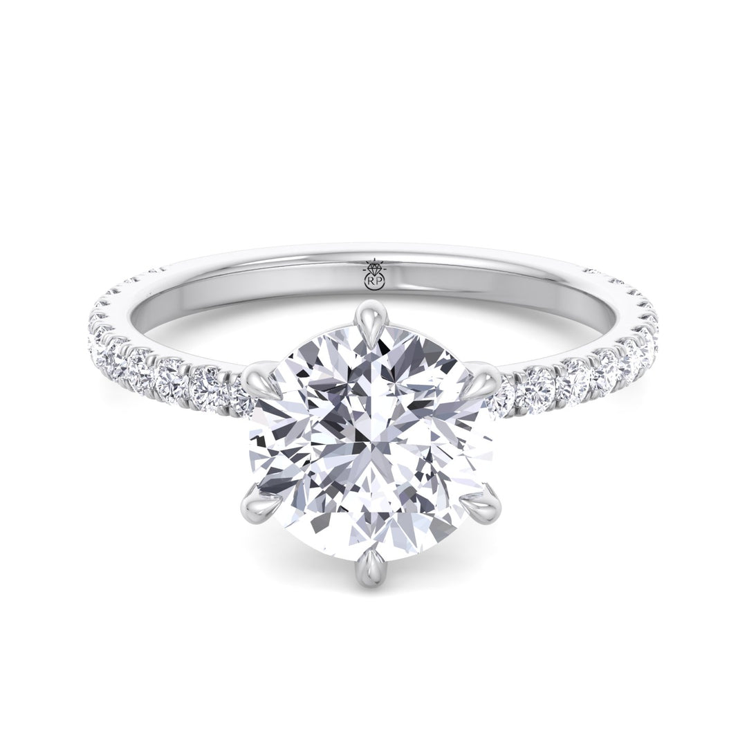 Round Cut Six Prong Engagement Ring With Pave Band