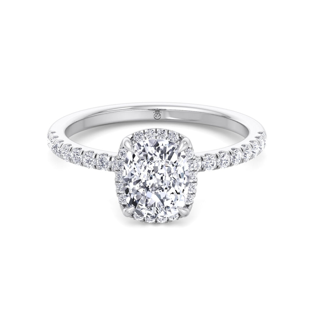 Elongated Cushion Cut Halo Engagement Ring with Pave Band