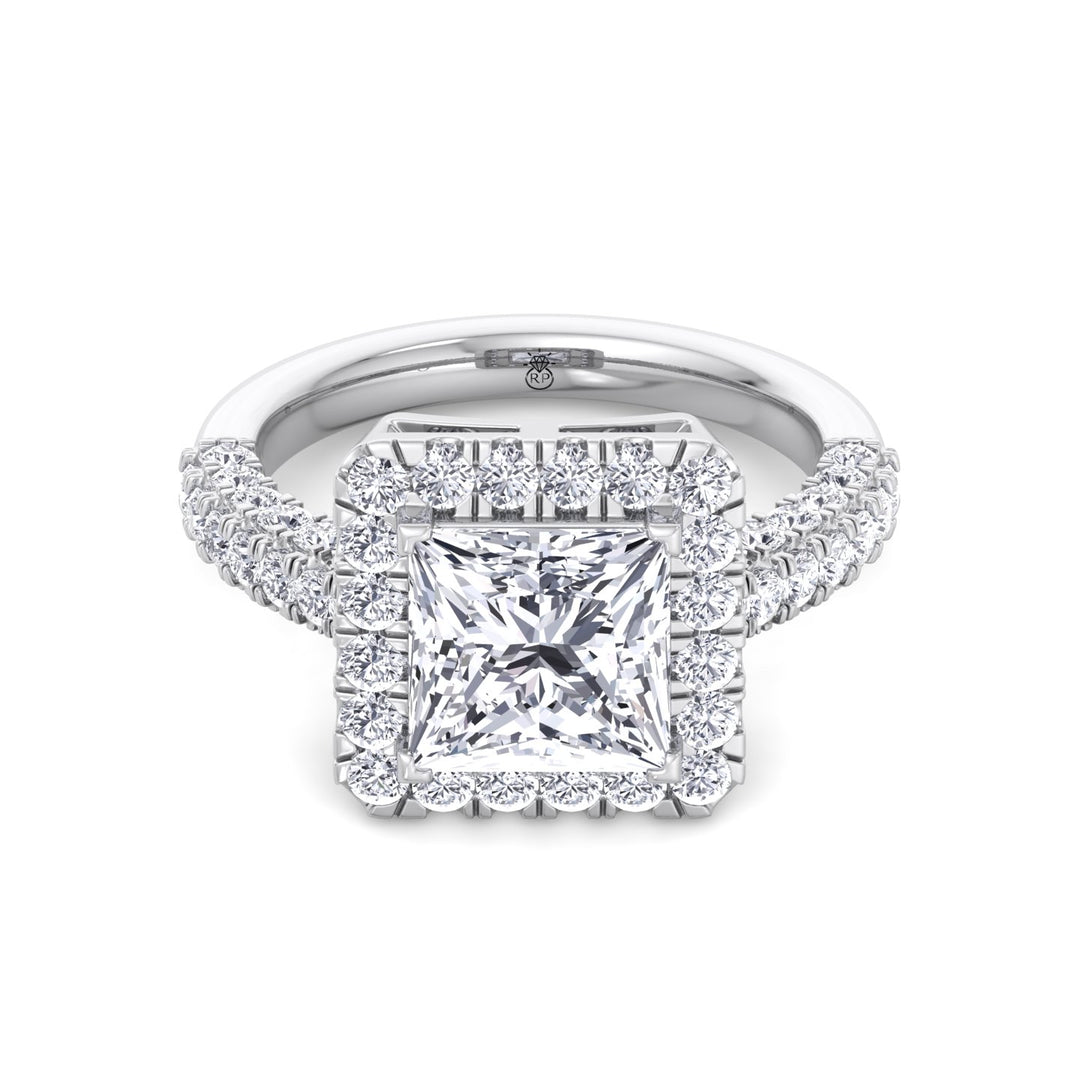 Princess Shape Halo Engagement Ring with Pave Band