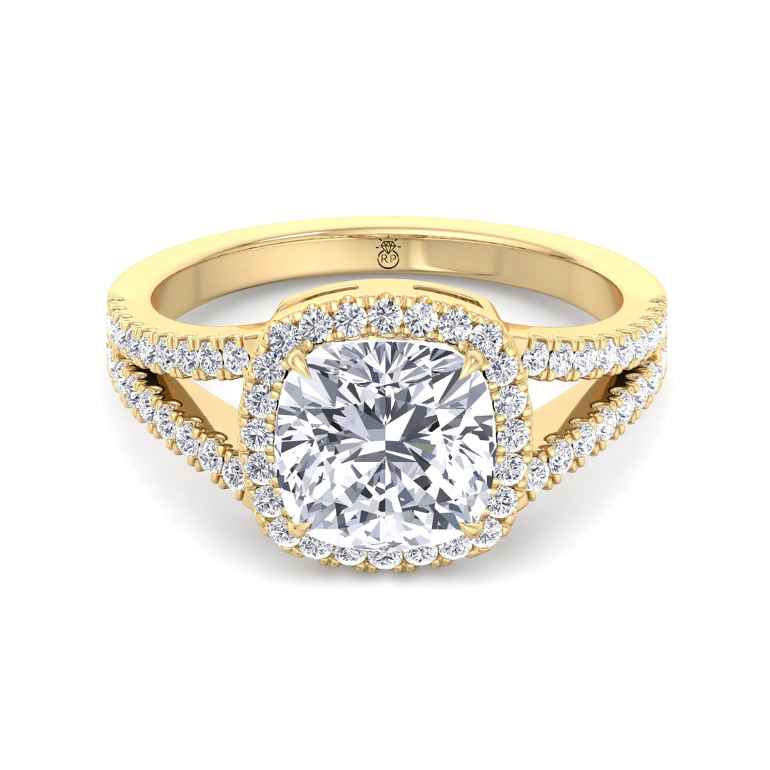 Cushion Cut Halo Engagement Ring with Split Pave Band
