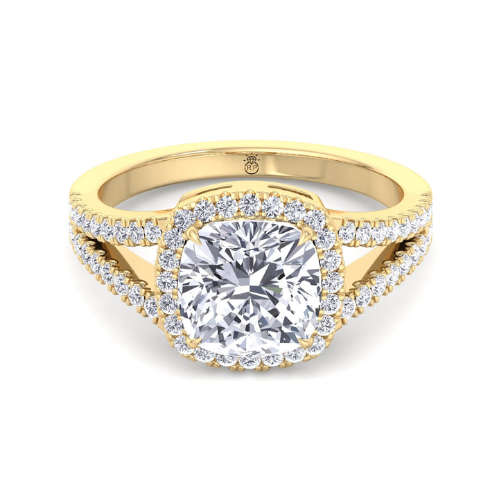 Cushion Cut Halo Engagement Ring with Split Pave Band