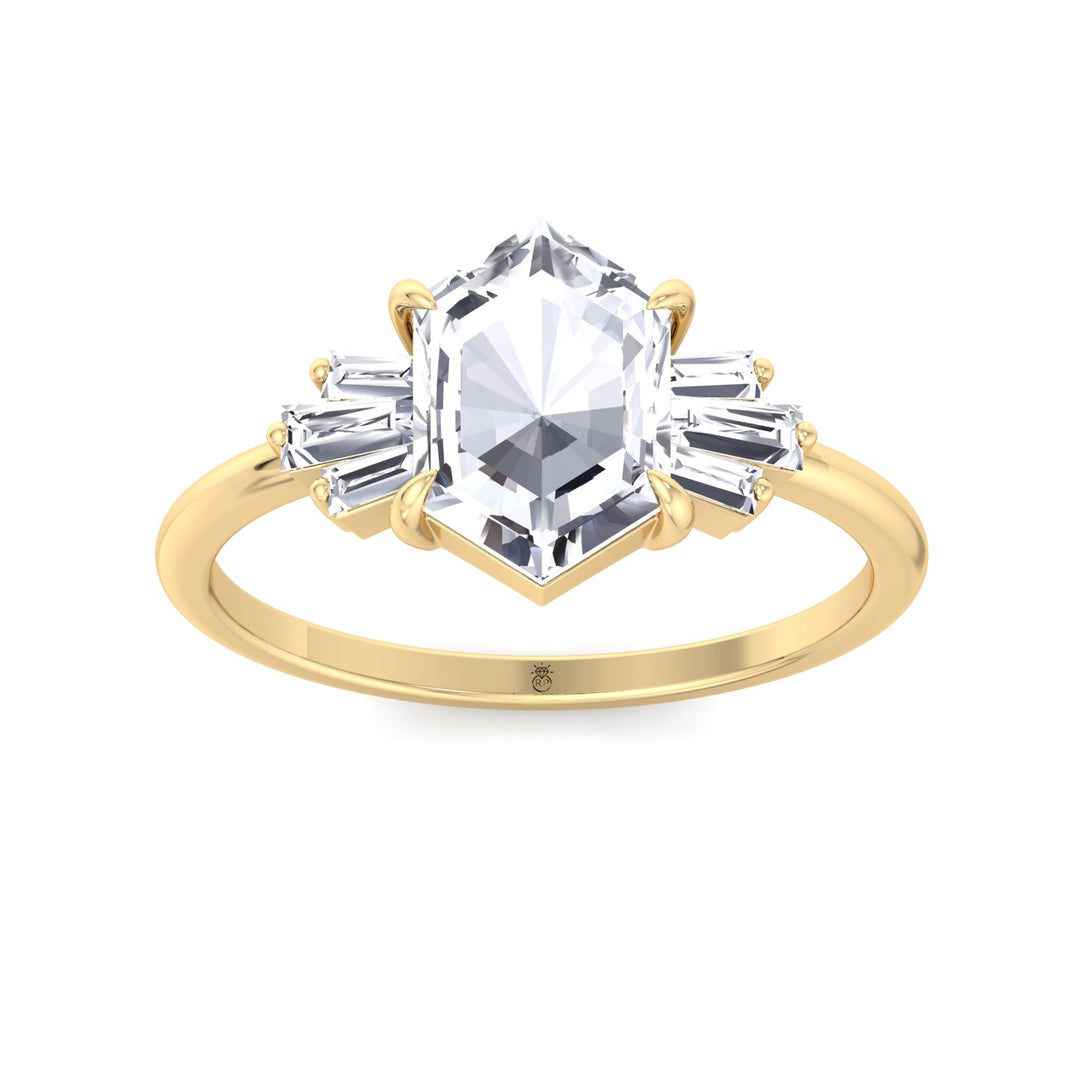 Rose Cut Hexagon Shape Engagement Ring With Tapered Baguettes