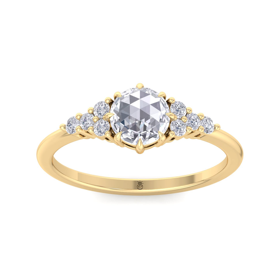 Rose Cut Round Shape Engagement Ring with Round Sidestones