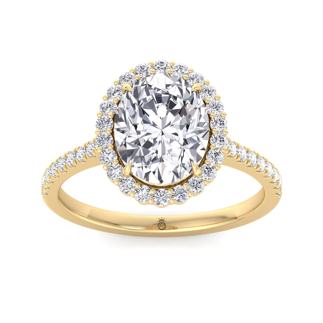 Oval Shape Scalloped Halo Engagement Ring With Pave Band