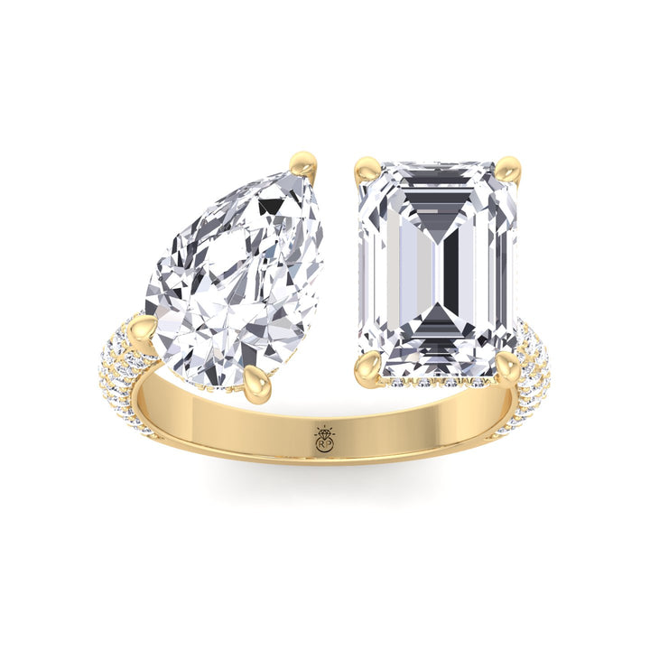 Toi Et Moi Pear &amp; Emerald Shape Hidden Halo Engagement Ring with Side Stones