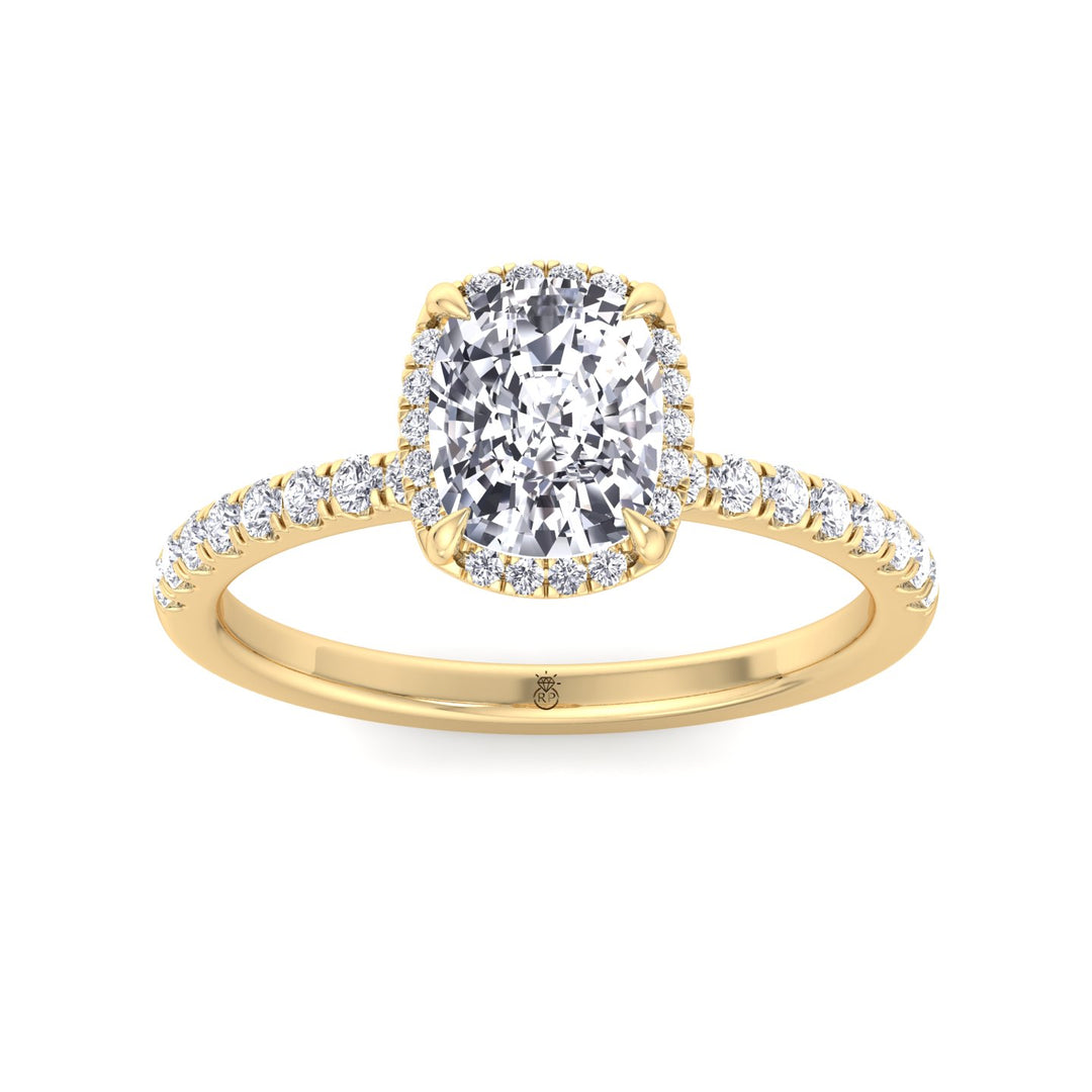 Elongated Cushion Cut Halo Engagement Ring with Pave Band