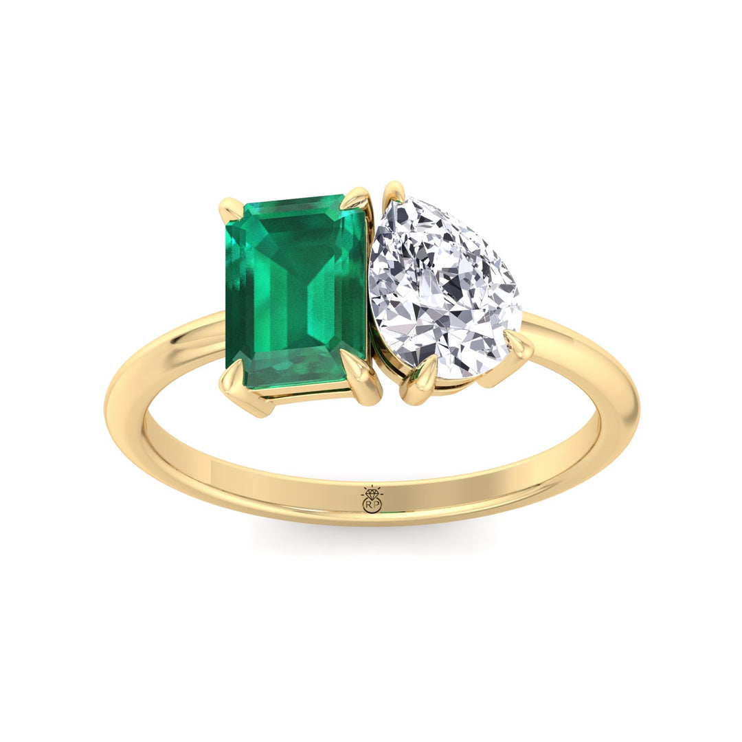 Toi et Moi Green Emerald &amp; Pear Shape Engagement Ring