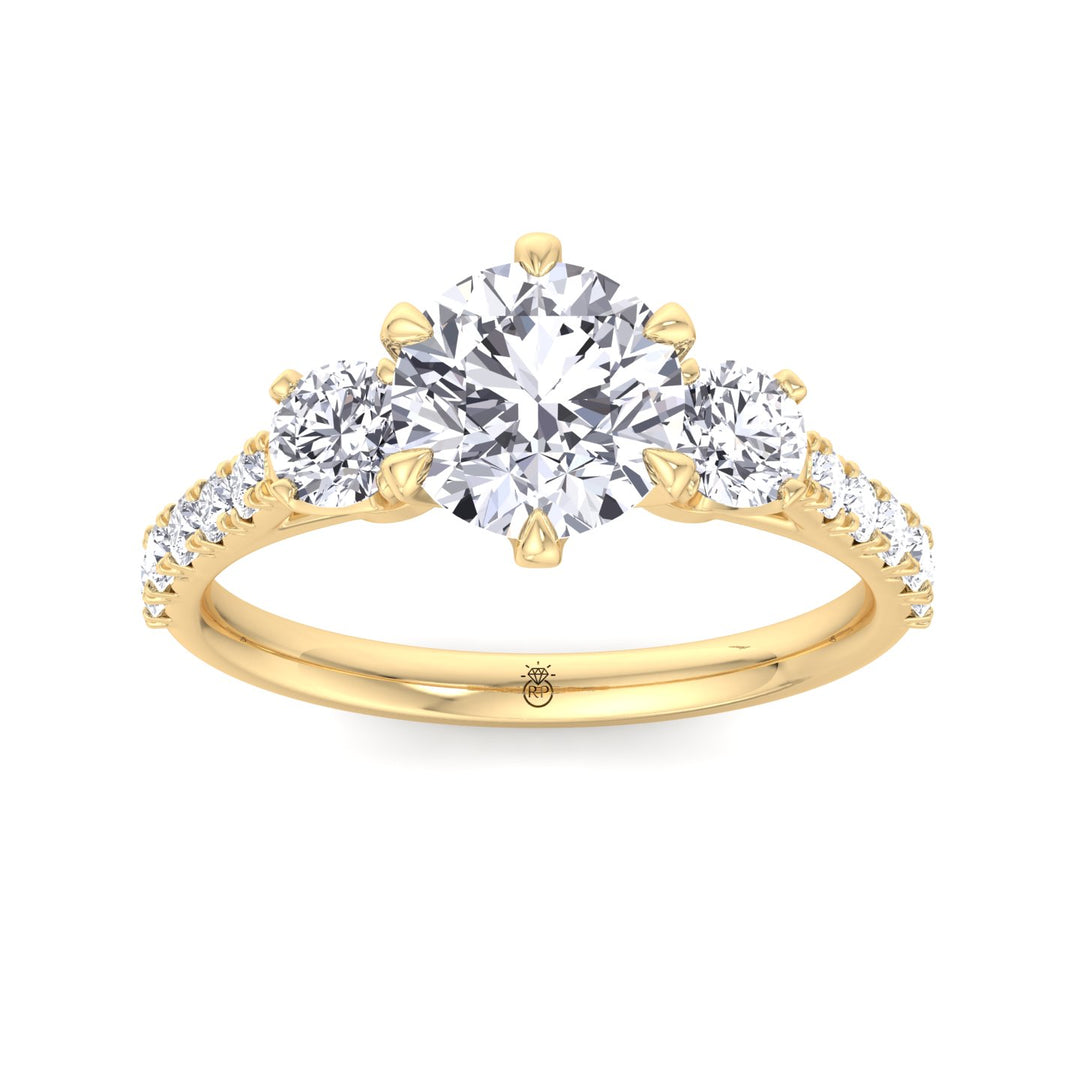 Three Stone Round Cut Fancy Crown Style Engagement Ring