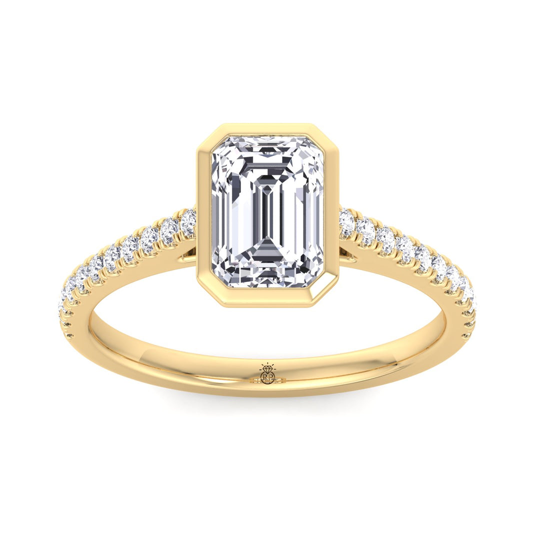 Emerald Shape Bezel Set Engagement Ring with Cathedral Style Pave Band
