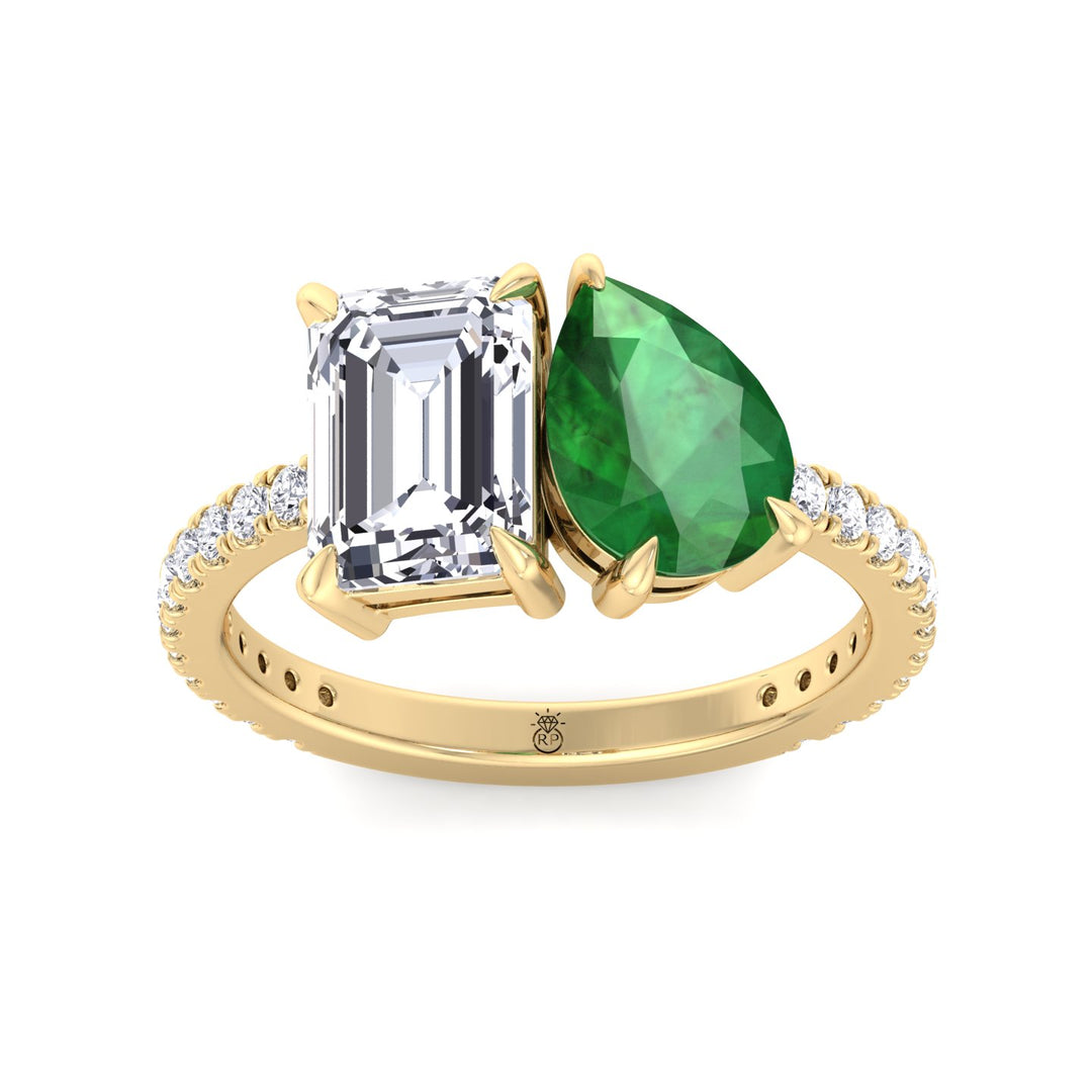 Toi Et Moi Emerald &amp; Green Pear Shape Engagement Ring With Pave Band