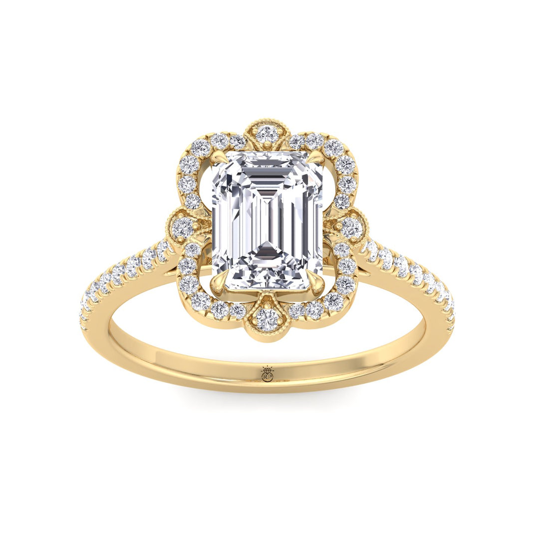 Vintage Style Emerald Cut Engagement Ring with Round Cut Sidestones