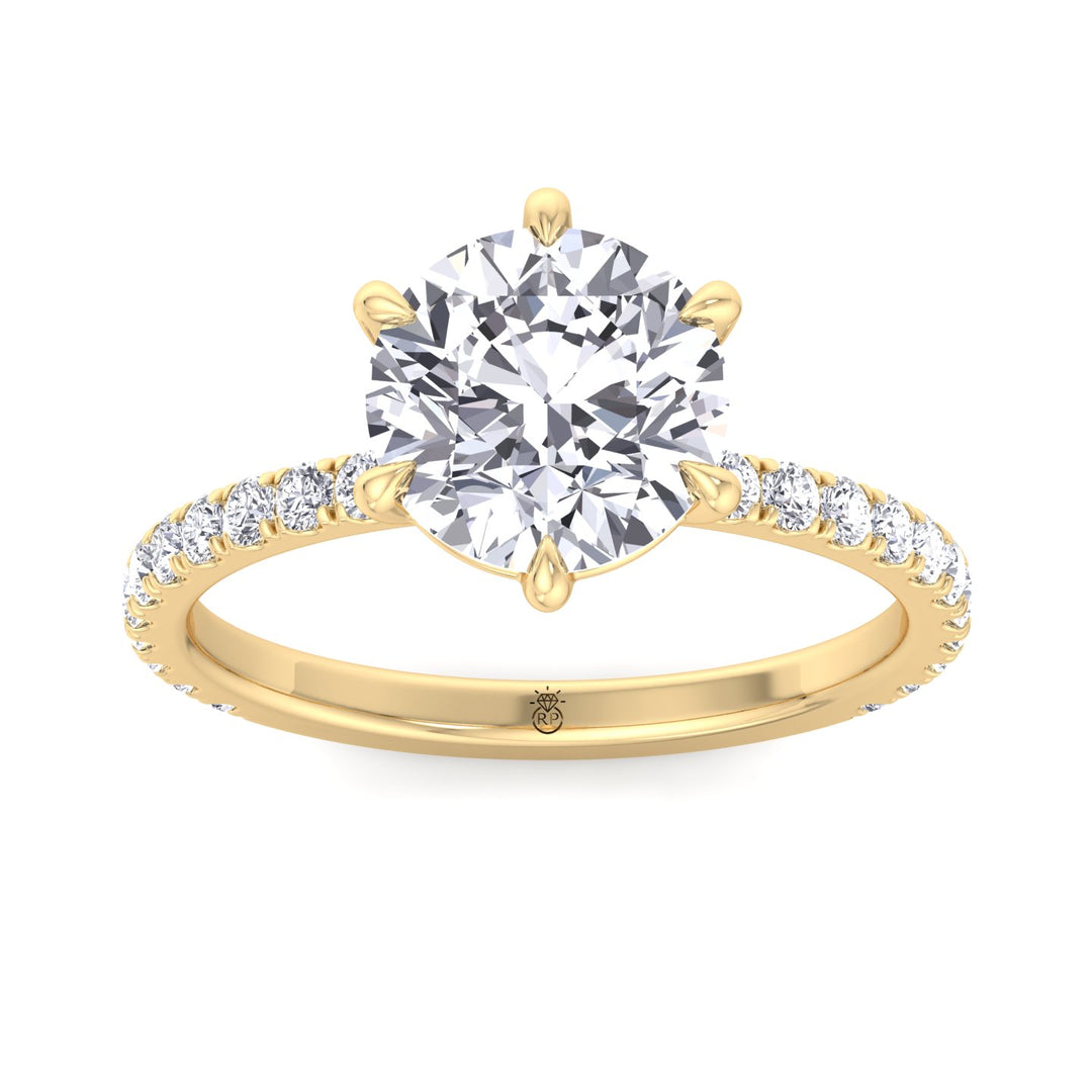 Round Cut Six Prong Engagement Ring With Pave Band