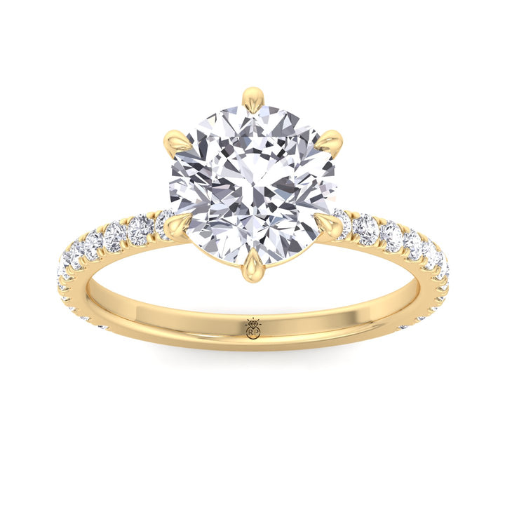 Round Cut Six Prong Engagement Ring With Pave Band