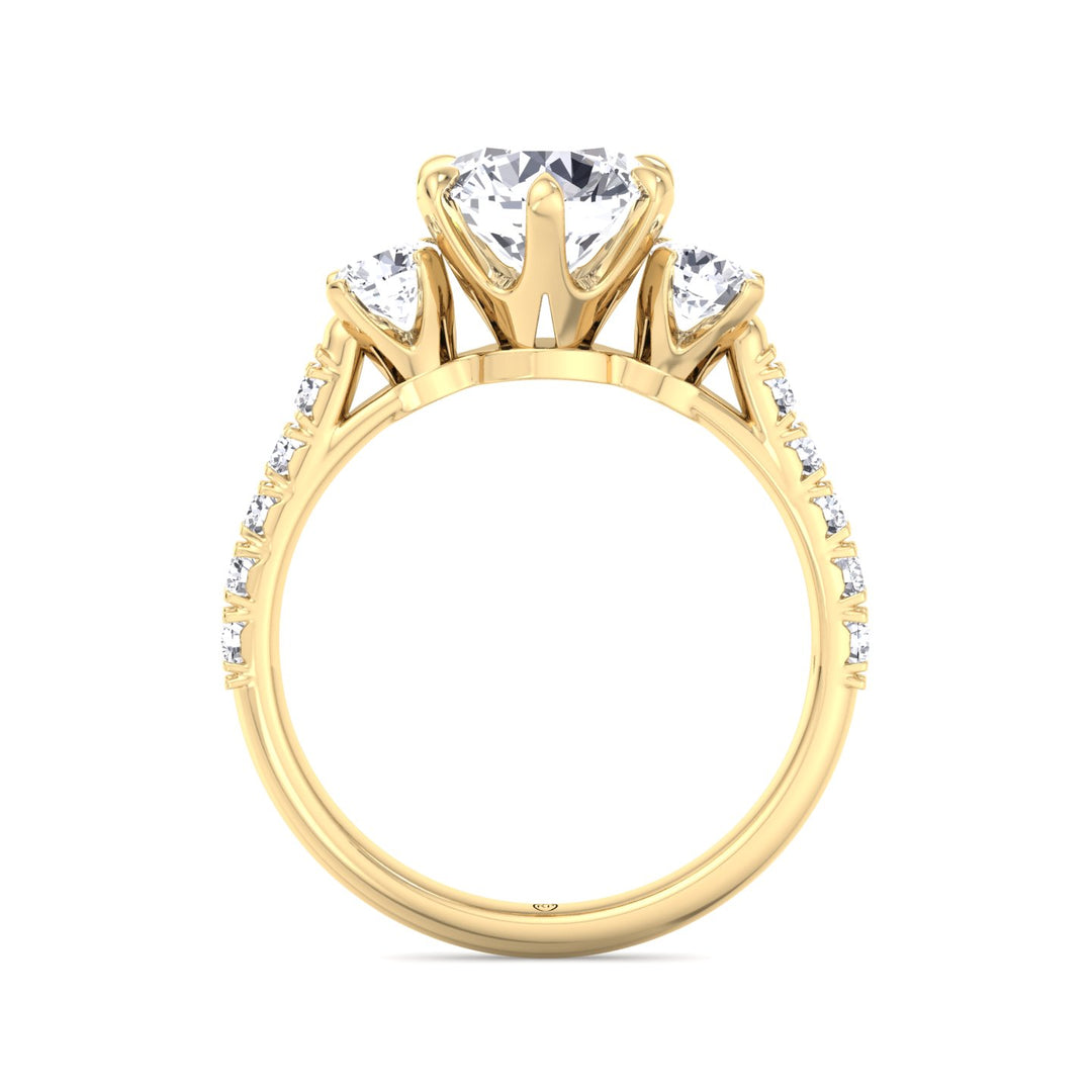 Three Stone Round Cut Fancy Crown Style Engagement Ring