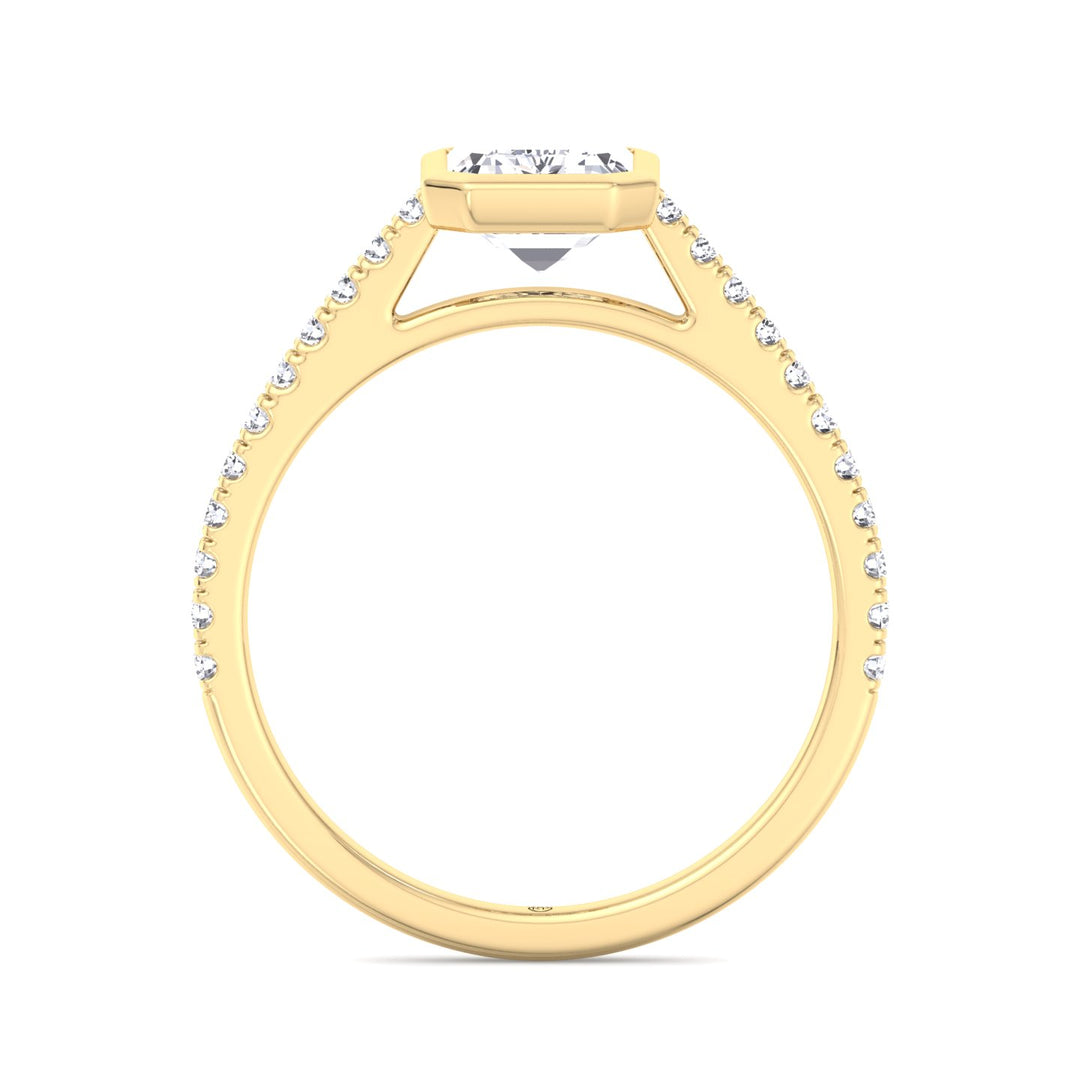Emerald Shape Bezel Set Engagement Ring with Cathedral Style Pave Band