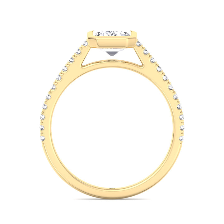 Emerald Shape Bezel Set Engagement Ring with Cathedral Style Pave Band