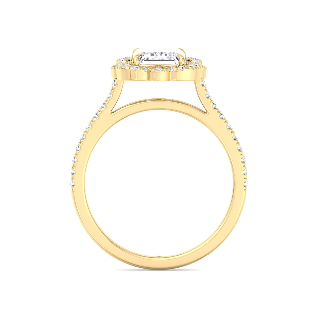Vintage Style Emerald Cut Engagement Ring with Round Cut Sidestones