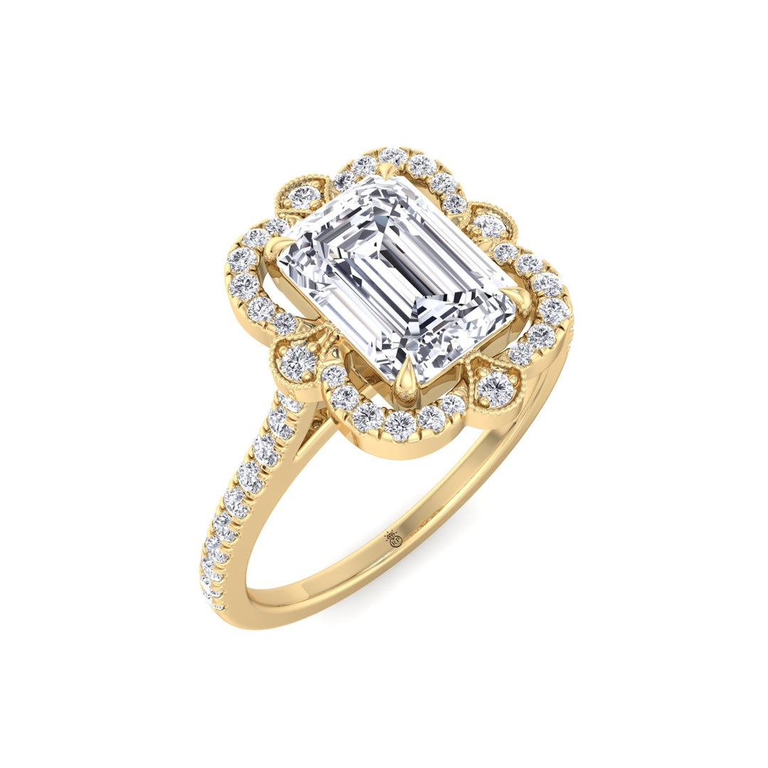 Vintage Style Emerald Cut Engagement Ring with Round Cut Sidestones