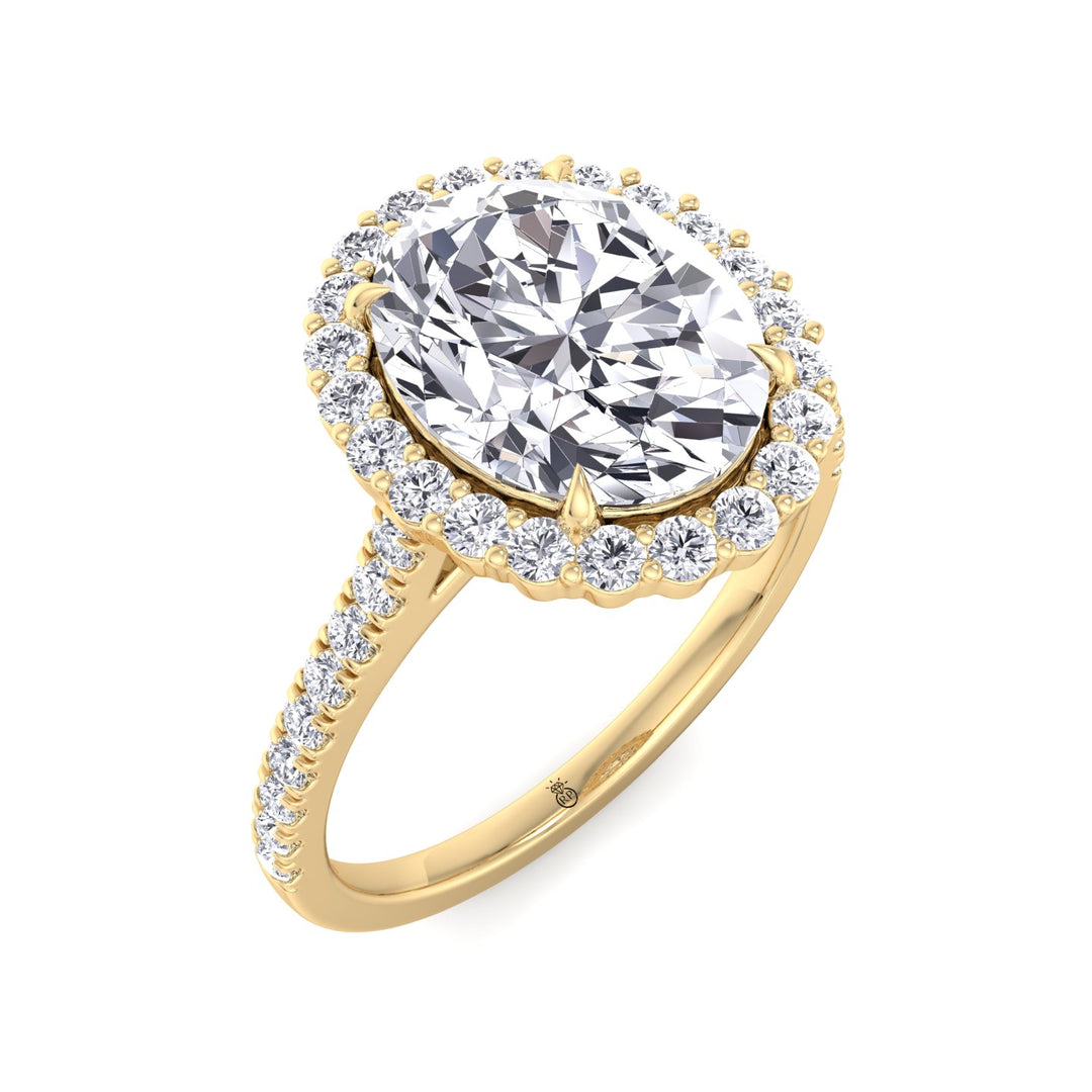 Oval Shape Scalloped Halo Engagement Ring With Pave Band