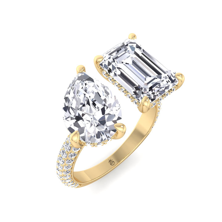 Toi Et Moi Pear &amp; Emerald Shape Hidden Halo Engagement Ring with Side Stones