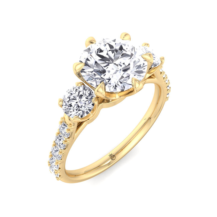 Three Stone Round Cut Fancy Crown Style Engagement Ring