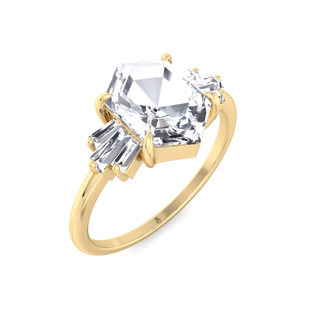 Rose Cut Hexagon Shape Engagement Ring With Tapered Baguettes