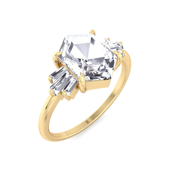 Rose Cut Hexagon Shape Engagement Ring With Tapered Baguettes