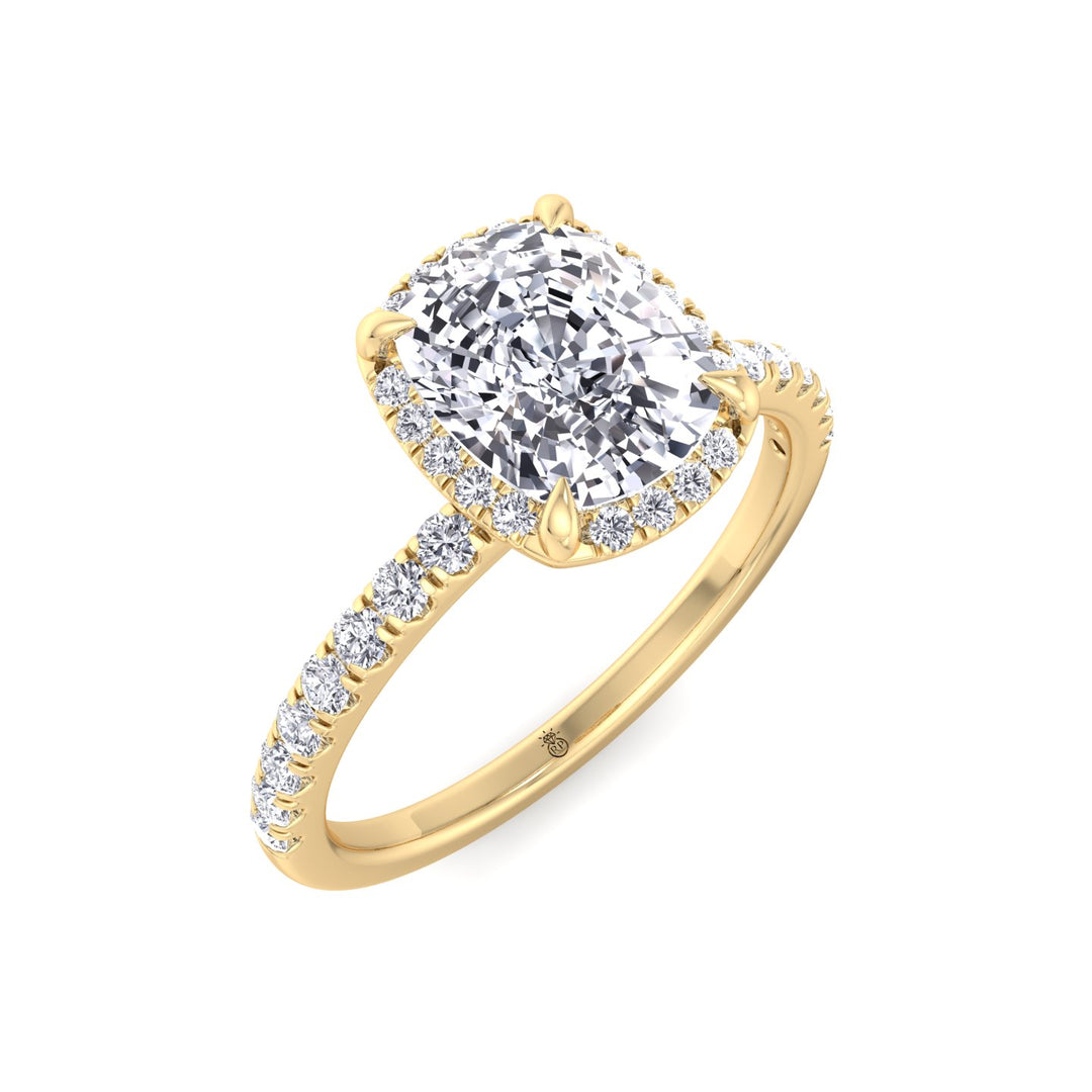 Elongated Cushion Cut Halo Engagement Ring with Pave Band
