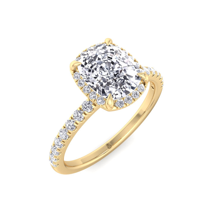 Elongated Cushion Cut Halo Engagement Ring with Pave Band
