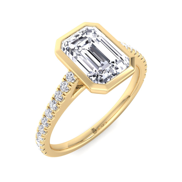 Emerald Shape Bezel Set Engagement Ring with Cathedral Style Pave Band