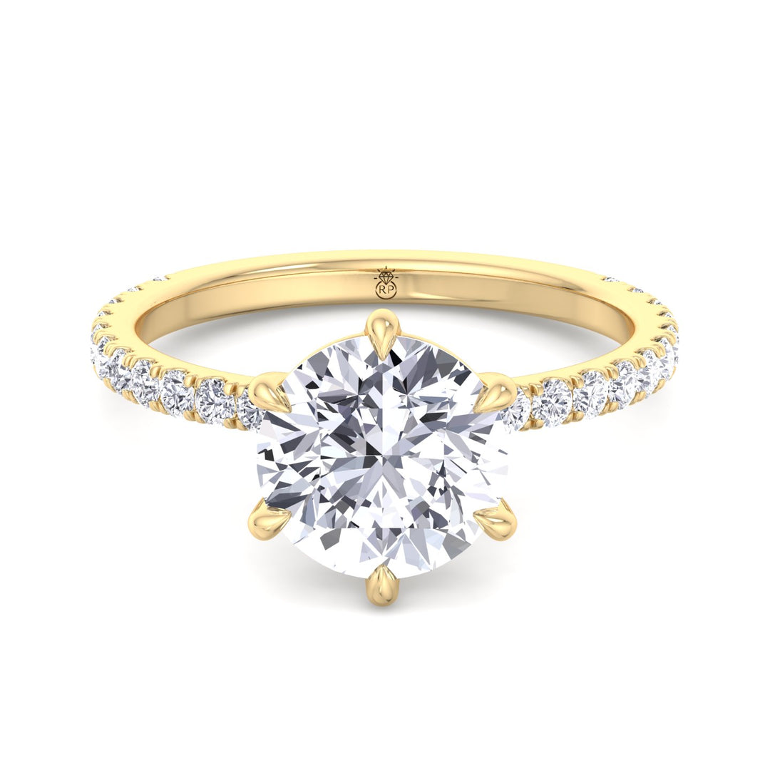 Round Cut Six Prong Engagement Ring With Pave Band