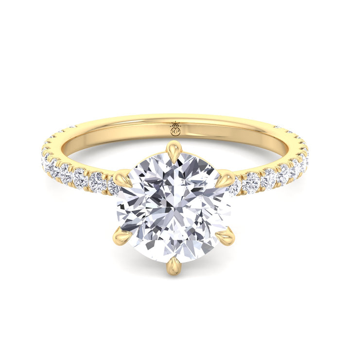 Round Cut Six Prong Engagement Ring With Pave Band