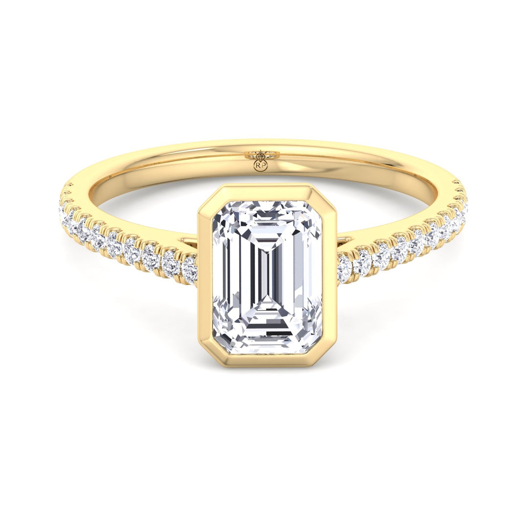 Emerald Shape Bezel Set Engagement Ring with Cathedral Style Pave Band